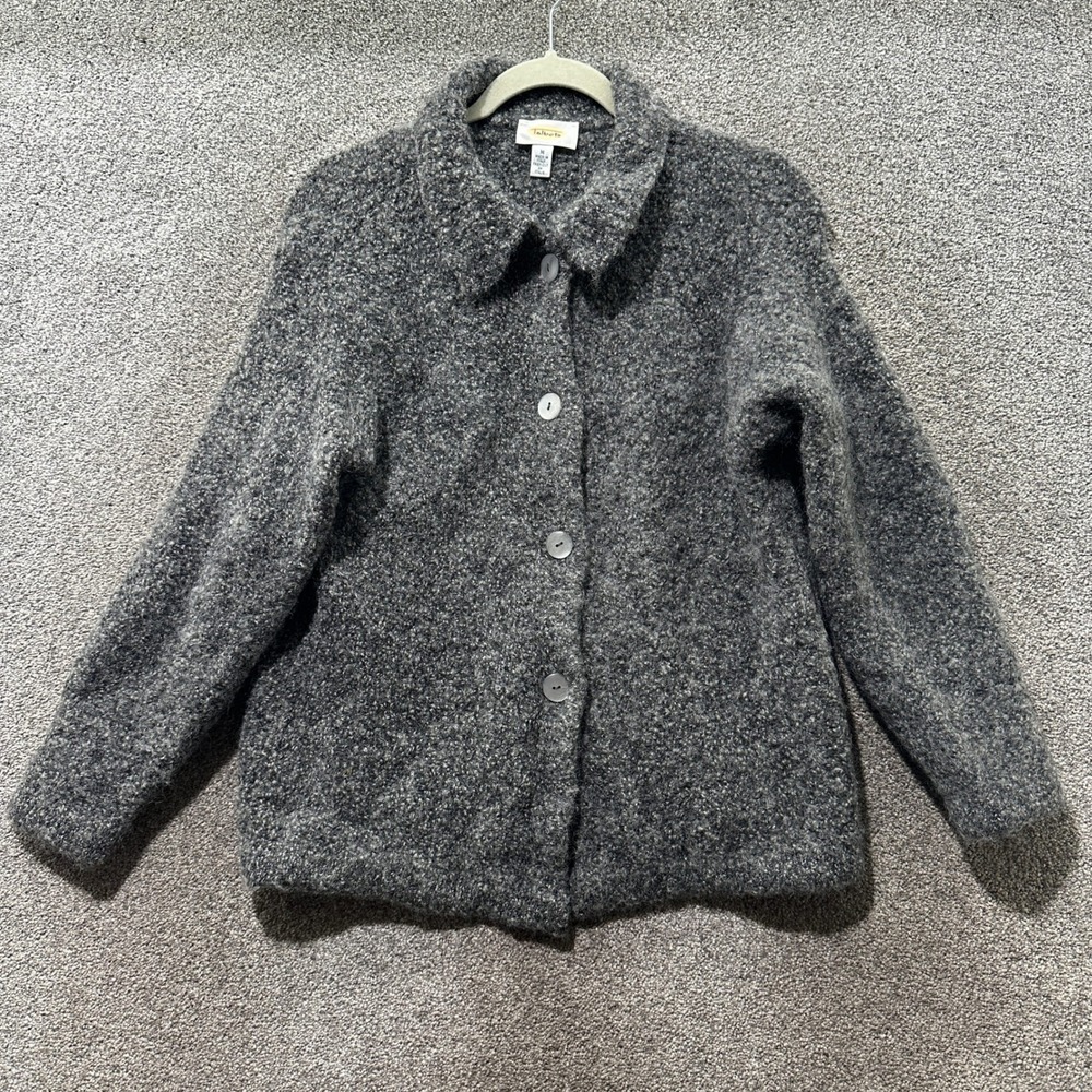 Talbots Boucle Button Up Cardigan Jacket Womens Medium Gray Wool Made in Italy